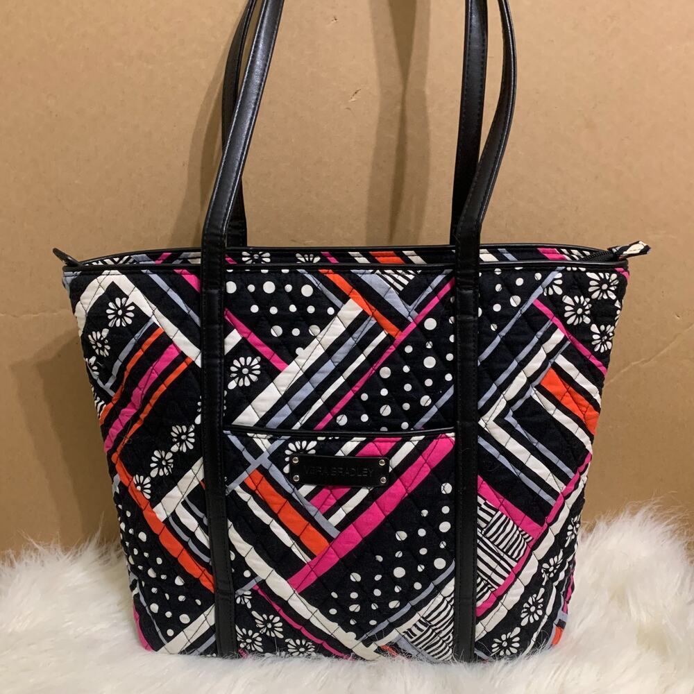 VERA BRADLEY Large Shoulder Tote Colorful NORTHERN LIGHTS Black Leather Trim